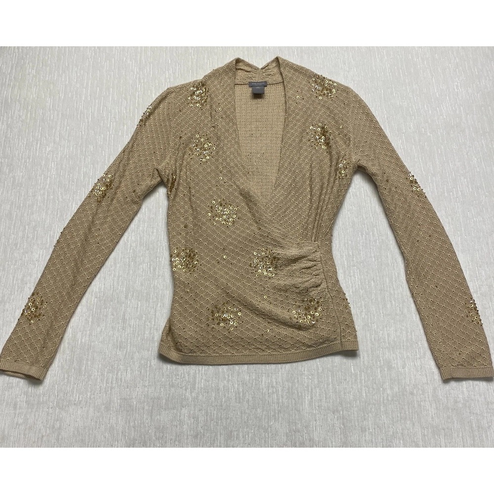Ann Taylor Silk Wrap Top Women SP Beige Gold Sequin Party Surplice Neck Blouse